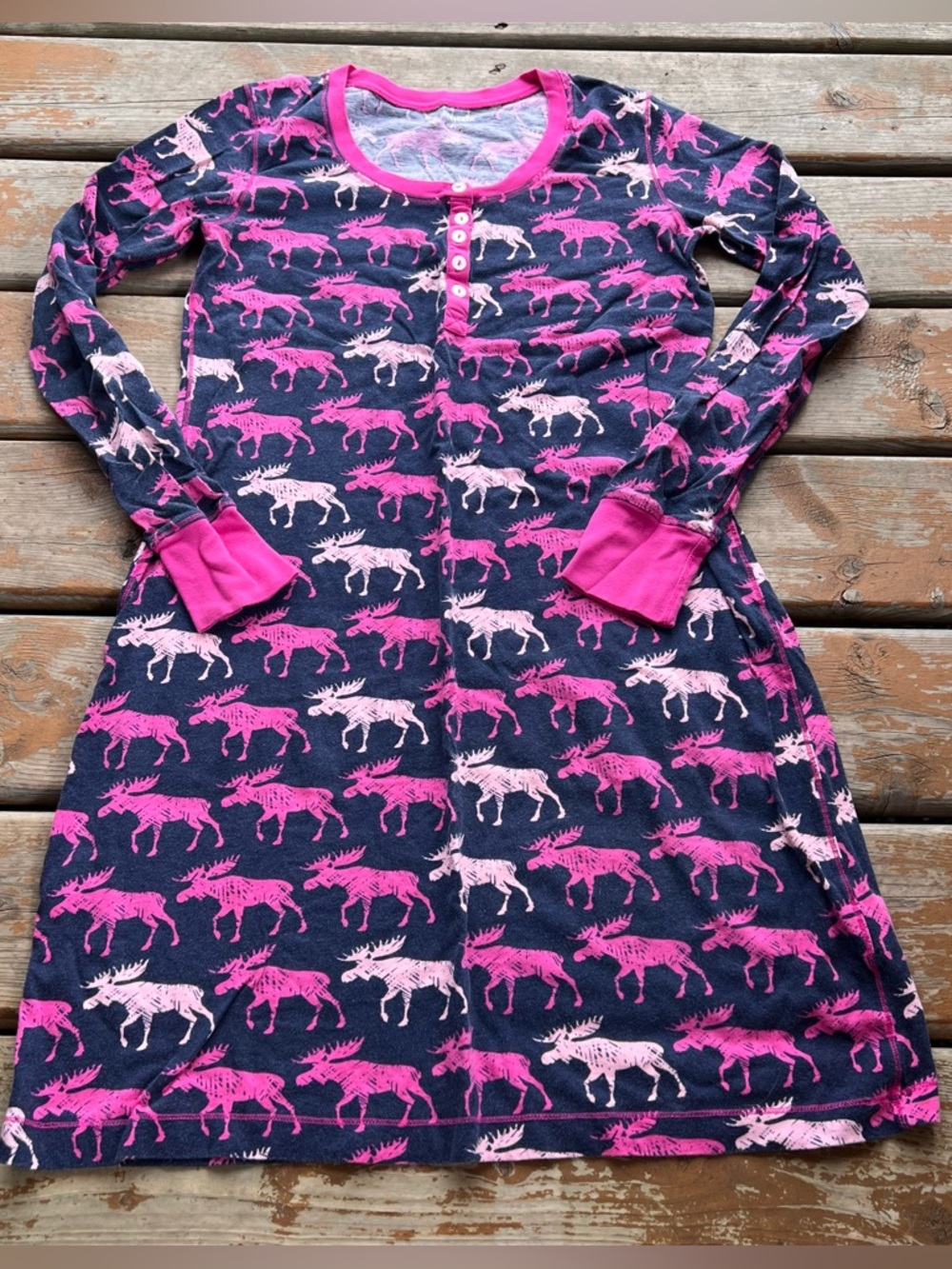 Little Blue House Blue & Pink Moose Print Long Sleeve Nightgown - Size Small